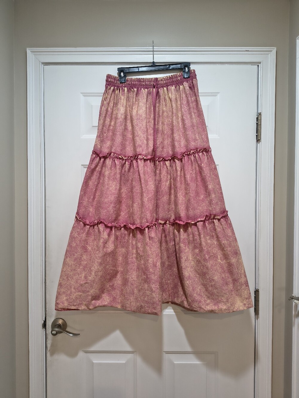 Zenana Outfitters Pink and Gold Tiered Maxi Skirt Large
